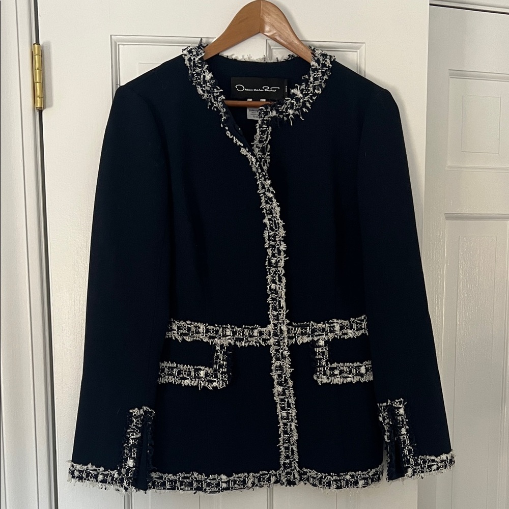 Oscar de la Renta Navy Blue and White Tweed Blazer